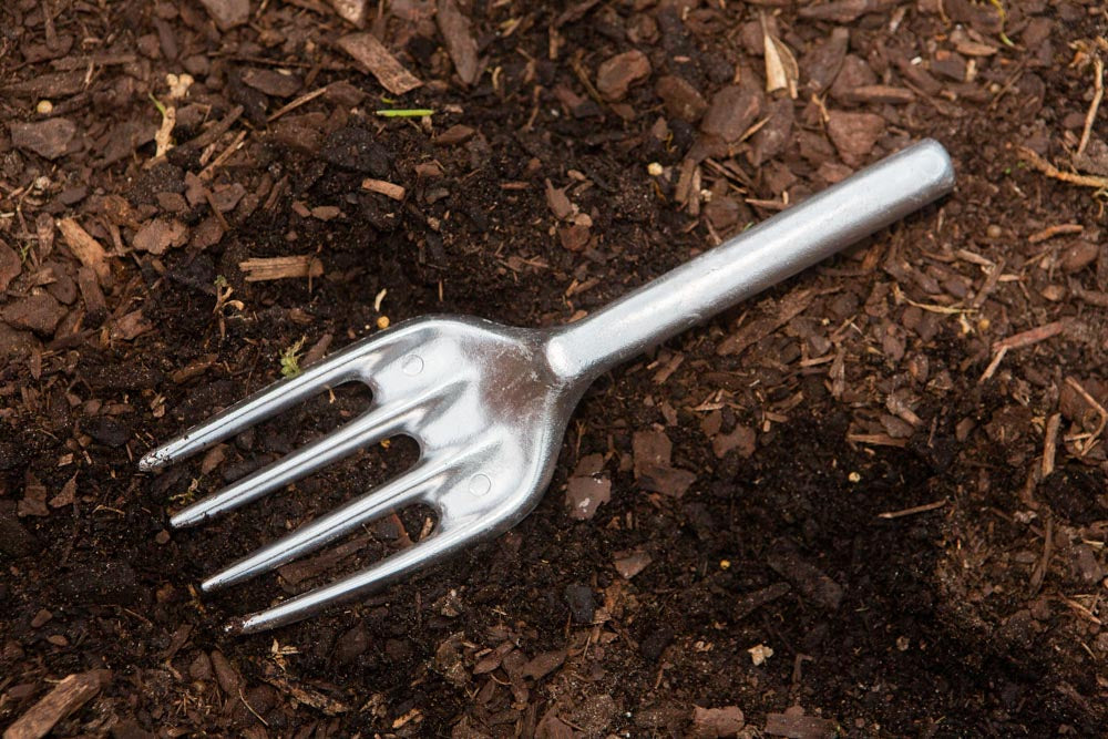 A metal garden fork resting on soil